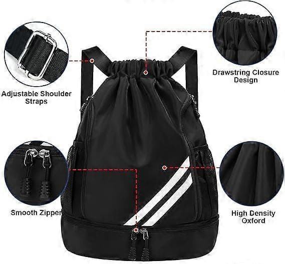 Drawstring Backpack, Waterproof Sports Backpack, Large Sports Gym Bag with Shoe Compartment (Black)