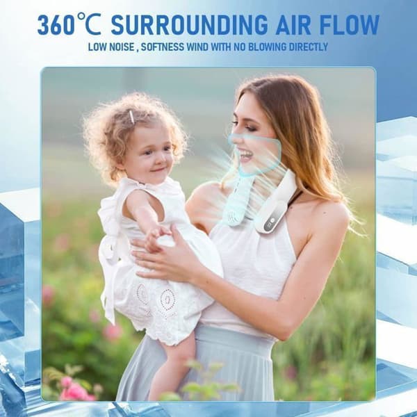Bærbar halsventilator, genopladelig, 3 hastigheder, bladløs, USB-genopladelig, med 360° luftstrøm