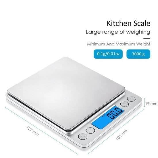 Köksvåg - Hög Precision - 3kg - Bakgrundsbelyst LCD-skärm - Elegant Design - Silver