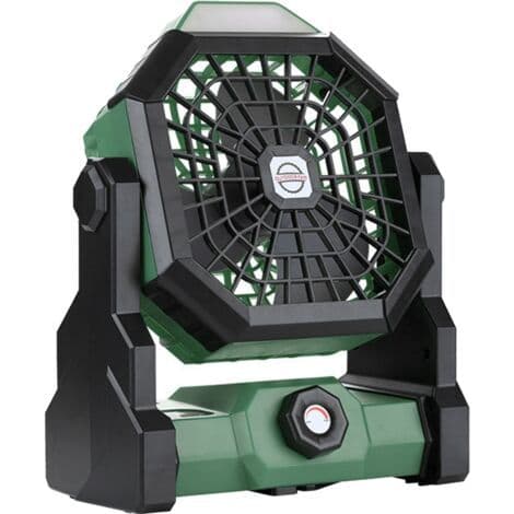 Bærbar genopladelig ventilator med justerbar hastighed og LED-lys. Stille drift. Plastmateriale - grøn farve.