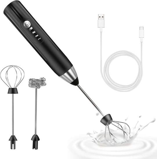 Elektrisk mælkeskummer, USB genopladelig mælkeskummer og mini elektrisk piskeris, rustfrit stål mixer (sort)