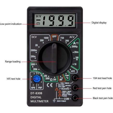 Professionelt digitalt multimeter, gennemgangstester, voltmeter, amperemeter, ohmmeter, DC spændingstester, modstandstester, testledninger og mini-kabinetter