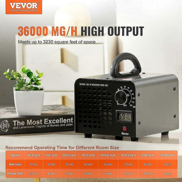 Højkapacitets 36000mg/t Ozongenerator med Timer til Lugtfjernelse 0-120min Justerbar