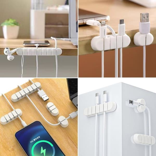 [7 deler] Selvklebende kabelorganisering, for stasjonær datamaskin, USB-ladekabel, hjemmekontor - hvit
