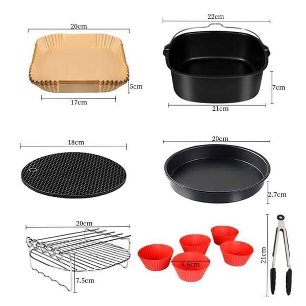 Tilbehørssæt til Airfryer - Firkantet - 8 Tommer - Kulstofstål - Silikone - Rustfrit Stål