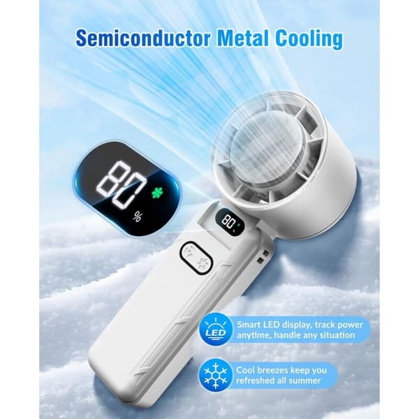 Mini bærbar ventilator. 5 blæserhastigheder, med kølefunktion. USB genopladeligt batteri - hvid.