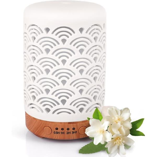 Eterisk Oljediffusor, 100 ml Keramisk Diffusor Luftfuktare, Elektrisk Hemdoftdiffusor med 7 LED-färger
