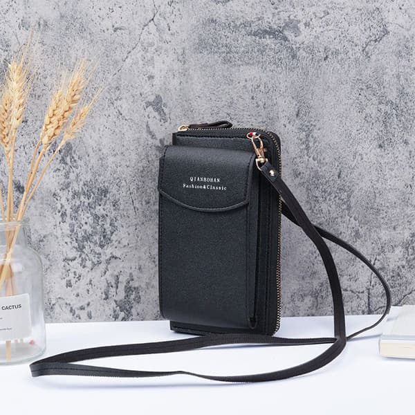 Crossbody Mobile Bag in PU Leather Black Grey