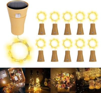 Solcellsdriven LED-ljusslinga flaskkork, 1m 10 lysdioder koppartråd varmvit dekorativ belysning