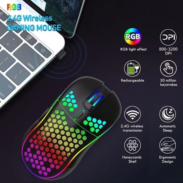 2.4G Wireless Rechargeable Illuminated Mouse - Adjustable DPI, Ergonomic Design, Compatible with Windows & MAC Black Black