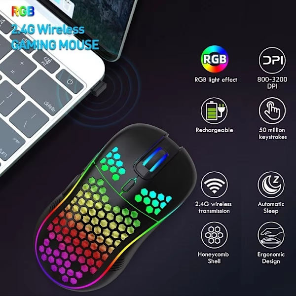 2.4G Wireless Rechargeable Illuminated Mouse - Adjustable DPI, Ergonomic Design, Compatible with Windows & MAC Black White