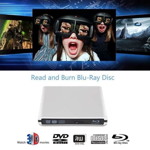Ultratynn ekstern bærbar 4K 3D Blu-ray DVD-spiller og CD-RW-brenner for Mac OS, Linux, Windows XP/Vista/7/8/10, PC