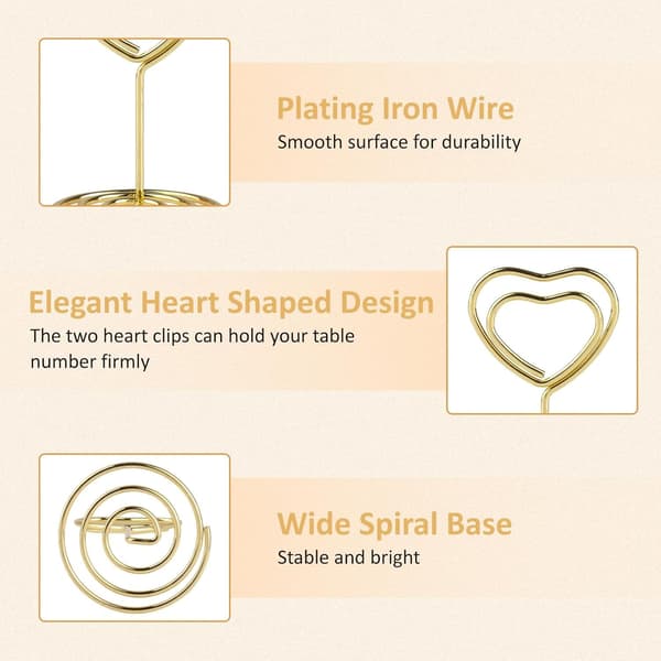 45mm Heart Shaped Memo Clips - 20-pack Metal Note Holders for Wedding Table Gold