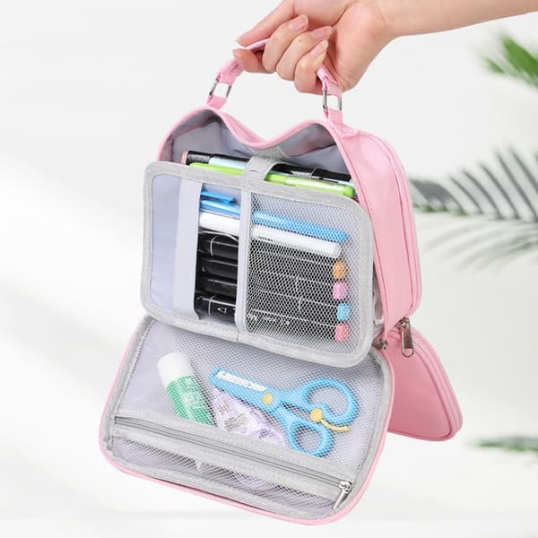 Large Capacity Pencil Case, Canvas Multi-Compartment Pen Bag Pink