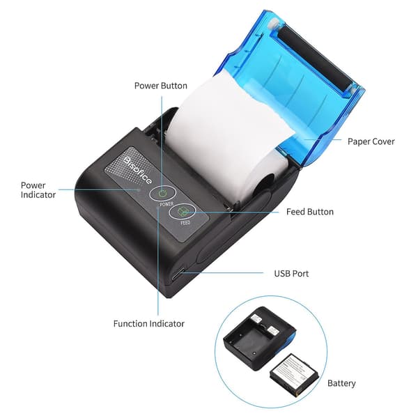 Bisofice Bærbar Mini Termisk Printer 2 tommer Trådløs USB Kvitteringsprinter med 58 mm P