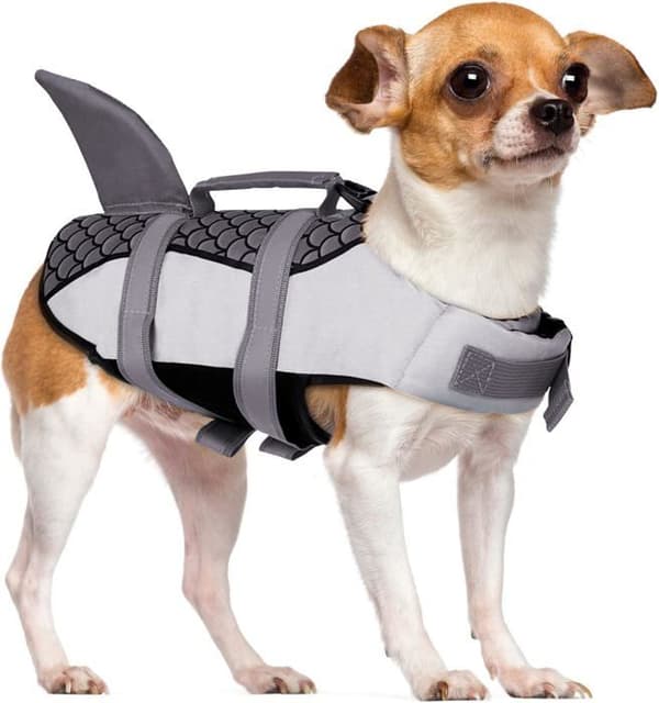 Hunde-redningsvest med hajfinne, flydevest med håndtag og refleksstribe til små og store hunde, grå, S