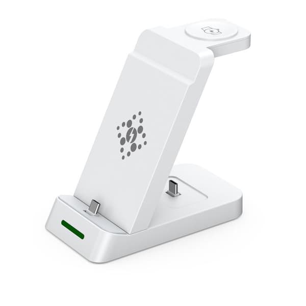 3-i-1 trådløs lader for telefon, smartklokke, ladekabel hvit