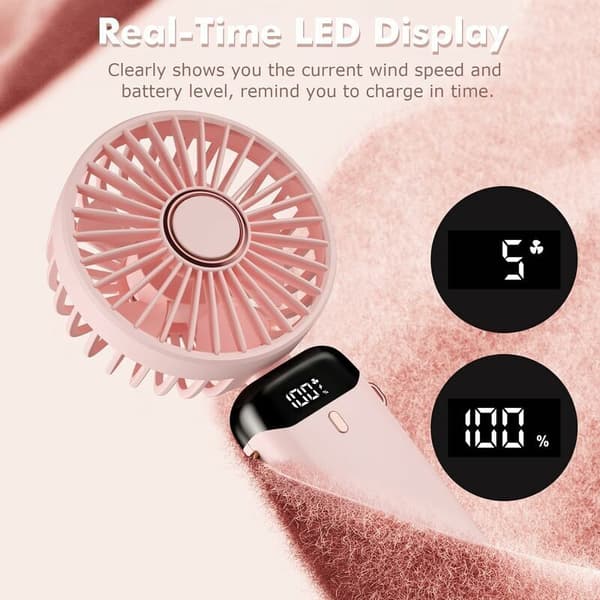 Mini bærbar ventilator, USB genopladelig, 5 blæserhastigheder, med stativ. Sammenfoldelig bordventilator - pink.