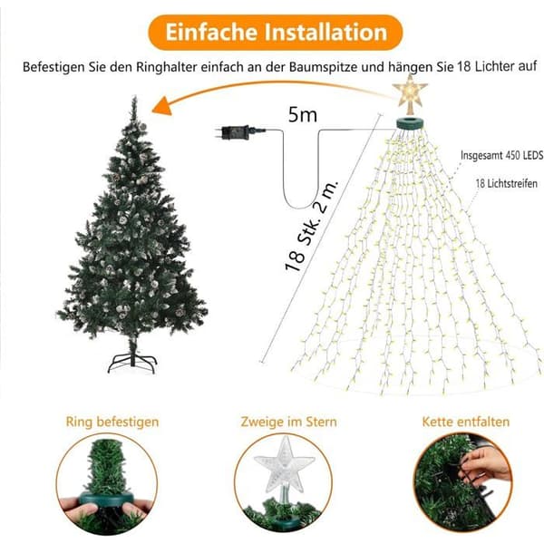 Juletrelys med ring og stjerne, 450 LED-lys, 2m*18 strenger, 8 lysmoduser