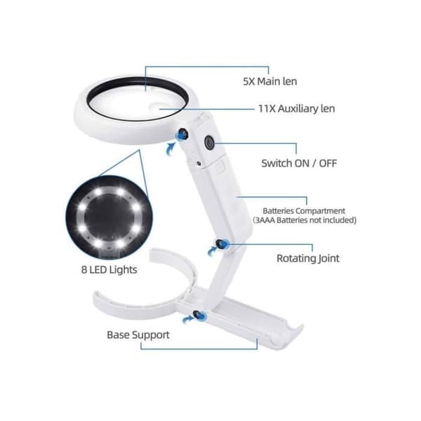 Opplyst forstørrelsesglass - Ikke spesifisert - 5X 11X - Sammenleggbart stativ - 8 LED - Høydejusterbart