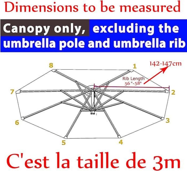Offset parasoldug med 8 ribber, 3x3m erstatningsdug til ottekantet parasol, UV-beskyttelse (Khaki)
