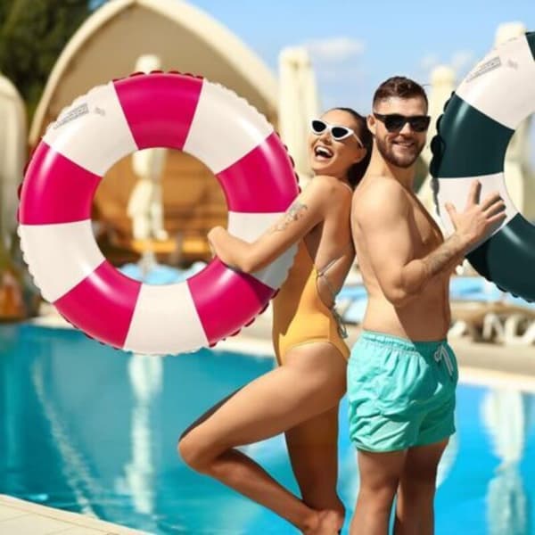 Rund pool float. Retro stribet oppustelig PVC pool float. Pool dekoration. Strandlegetøj - 75 cm