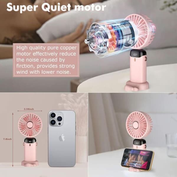 Pink bærbar ventilator. Mini bærbar ventilator genopladelig via USB. Kompakt lommeventilator.