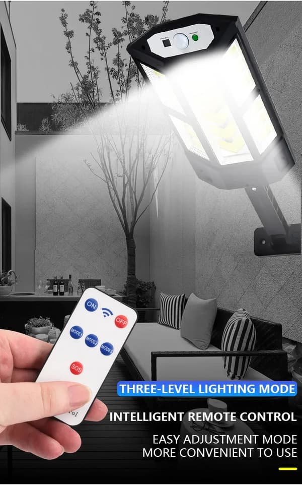Solcellelampe utendørs, 3 moduser, bevegelsessensor, sollys, IPX65, hage, gate, utendørsbelysning