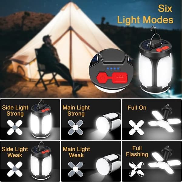 Solcelle- og batteridrevet campinglampe - Sammenleggbar LED - 6 lysmoduser