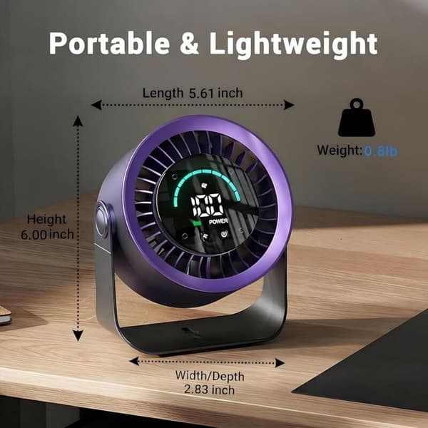 Mini bordventilator. Kompakt, støjsvag og 360° roterende ventilator med LED digitalt display.