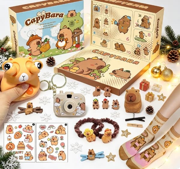 Capybara julekalender blindboks, 17 stk søte assorterte leker og tilbehørsett, julegave til barn