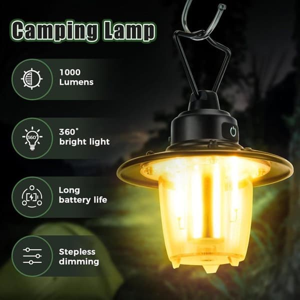 Oppladbar Campinglykt - 1000 Lumen Campinglykt for Telt - Bærbar, IP65 Vanntett - 4 Lysmoduser
