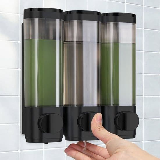 Väggmonterad tvåldispenser, schampodispenser, duschgeldispenser, set med 3 tvåldispensrar, ingen borrning krävs, svart