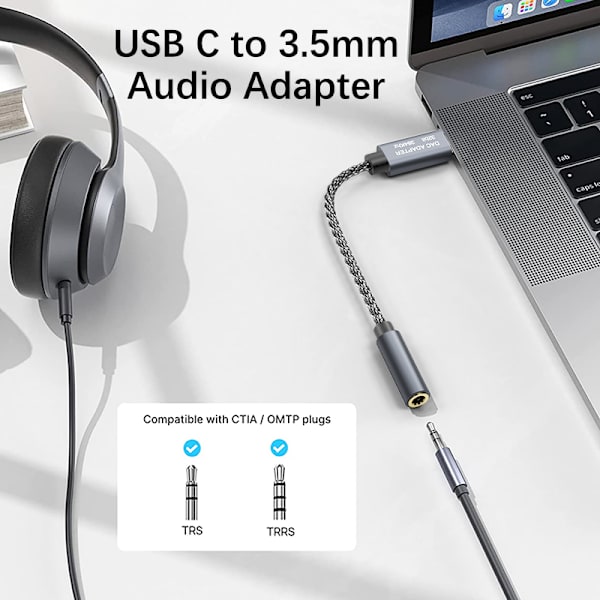 32bit / 384kHz USB-C to 3.5mm Audio Adapter Cable DAC Adapter Grey
