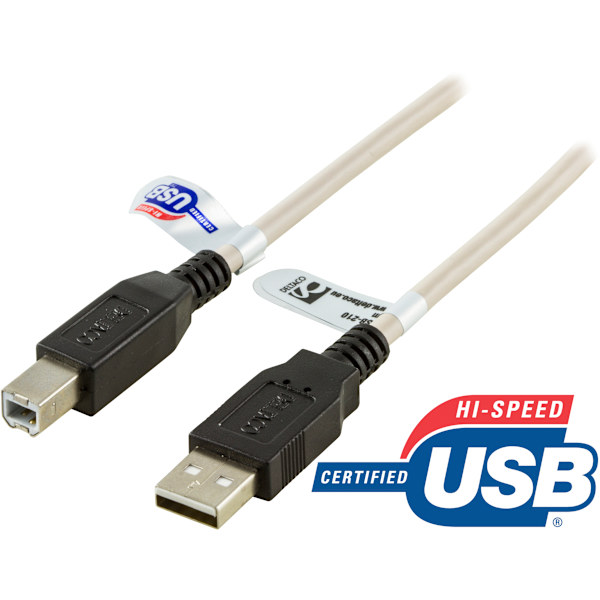 USB 2.0-kabel, Typ A hane, Typ B hane, 1m, svart / vit