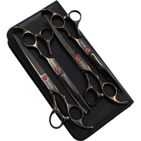 Set med 70-tums professionella titan-trimningssaxar, raka, urtunnande och böjda.