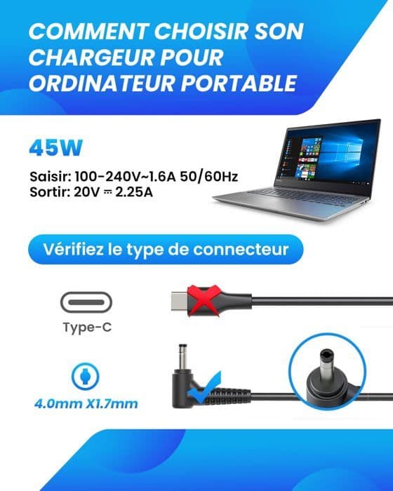 45W ADL45WCG Oplader - Kompatibel med Lenovo - 20V 2.25A - Sort
