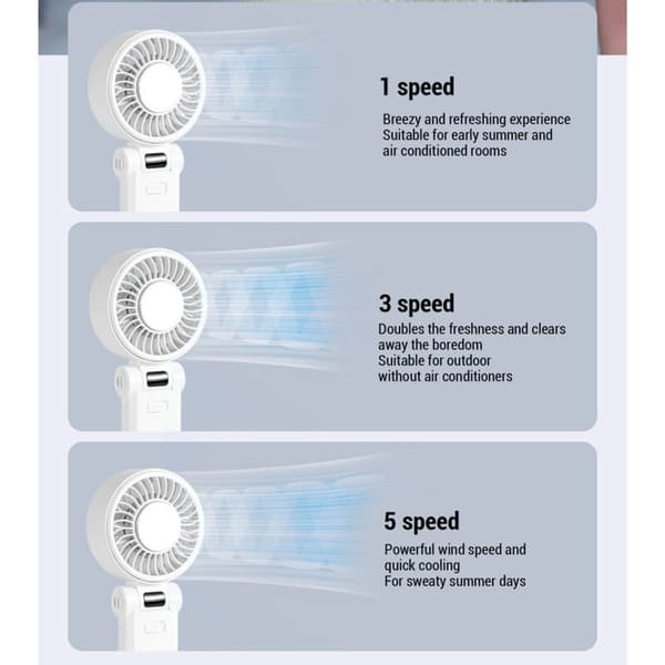 Bærbar genopladelig personlig ventilator, digitalt display, støjsvag drift, foldbart design - hvid