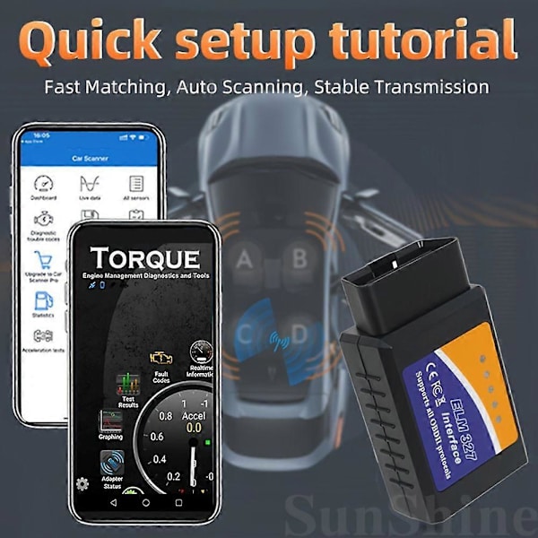 Bluetooth ELM327 OBD2 Scanner V1.5 - Bildiagnoseværktøj til Android/IOS, Læs/Slet koder, Realtidsdata, Understøtter alle OBDII-protokoller