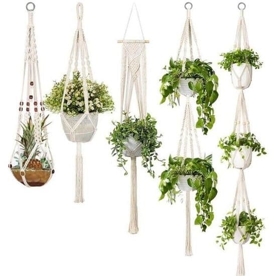 Set med 5 makrame-växthängare med olika nivåer, beige bomullsrepkruka