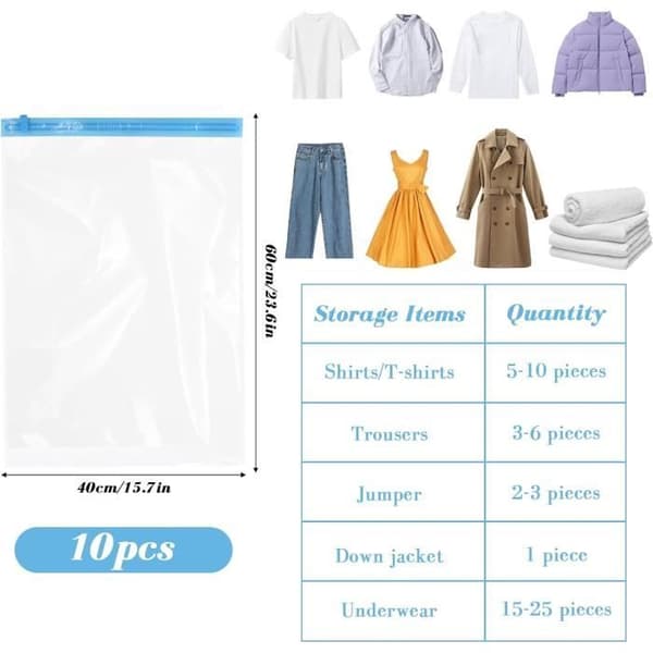 Kompressionspåsar - 10-pack vakuumförvaringspåsar - 60x40cm - PE+PA - Återanvändbara