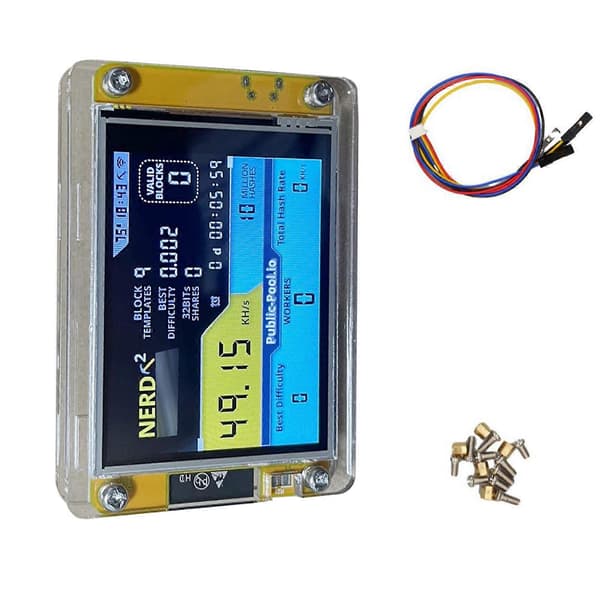 NerdMiner V2 Solo Bitcoin Miner - 49K Hashrate, 2.8\" Display, USB Strøm, Blæserfrit Design jy