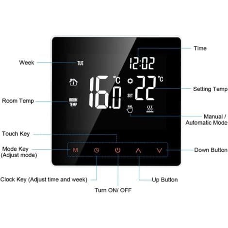 16A Digital Termostat - LCD-skærm - Touchscreen - Programmerbar - Til Hjem, Skole, Kontor, Hotel, Hvid