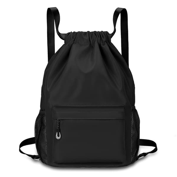 Lightweight Drawstring Backpack with Water Bottle Holder and Pockets, Gym Sport Cinch Sackpack (Black)