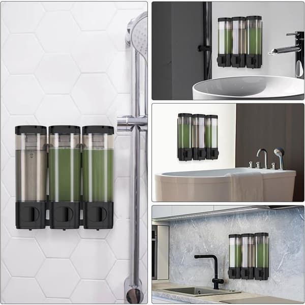 Vægmonteret sæbedispenser, shampoodispenser, brusegeldispenser, sæt med 3 sæbedispensere, ingen boring påkrævet, sort