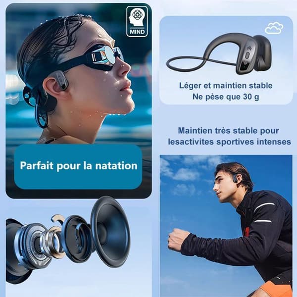 Knogleledningssportshovedtelefoner - IP68 - Svømning, 32 GB Indbygget MP3-afspiller, Bluetooth 5.4 - Sort Bluetooth-headset