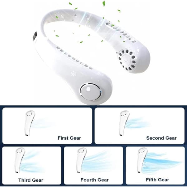 Hvid, bladløs bærbar halsventilator. Digitalt display. Kompakt og bærbar, USB genopladelig.