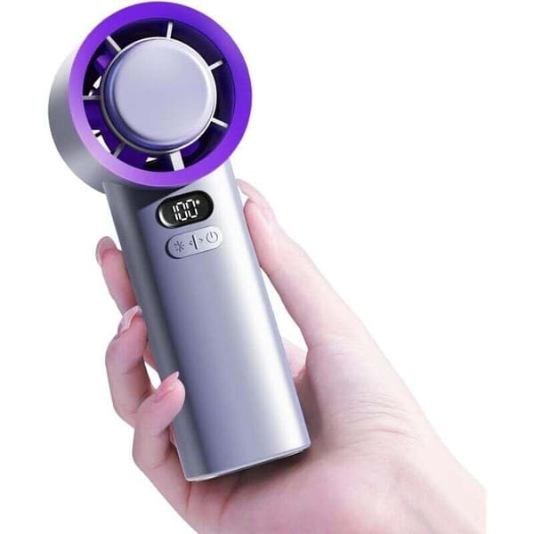 Bærbar ventilator med USB-interface. Lydløs. Minibatteri. Optimal ydeevne. Grå-lilla farve.
