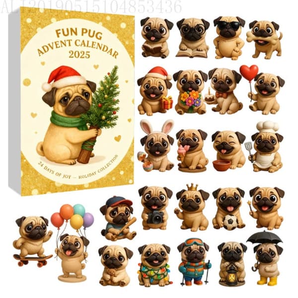 Juleblindboks – Mops (Stil 6) – Akrylpynt – 24-dagers nedtellingskalender til jul / Julepynt Blindboks