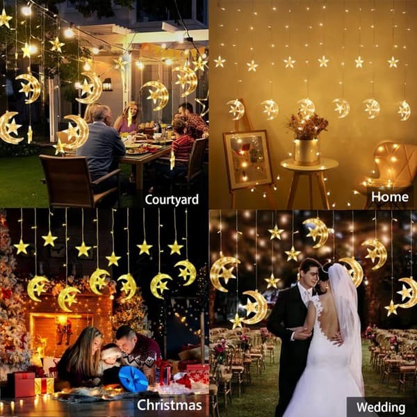 Ramadan Stjerne- og Månegardinlys, 3,5M LED Ramadan Lyslenke, 8 Moduser Ramadan Gardinlys